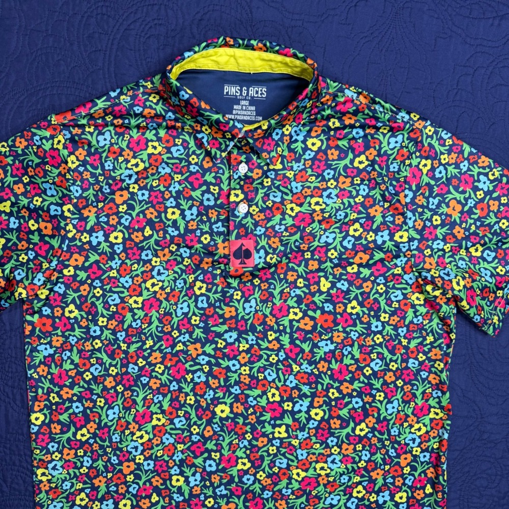 Pins & Aces Golf Co Mens Large Floral Performance Polo Shirt Multi Color Navy L